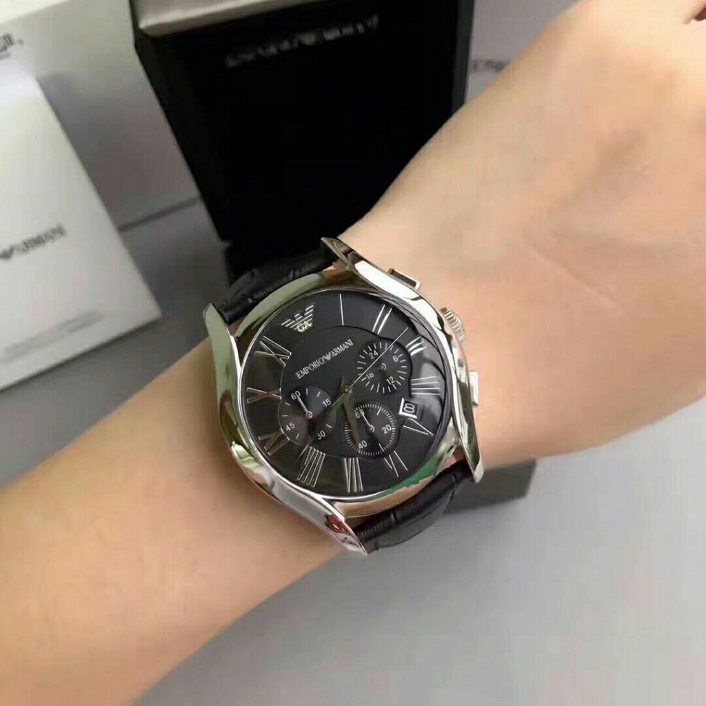 Emporio Armani Valente Chronograph Black Dial Black Leather Strap Watch For Men - AR1633