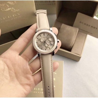 Burberry Chronograph Rose Gold Dial Beige Leather Strap Watch for Women - BU9704