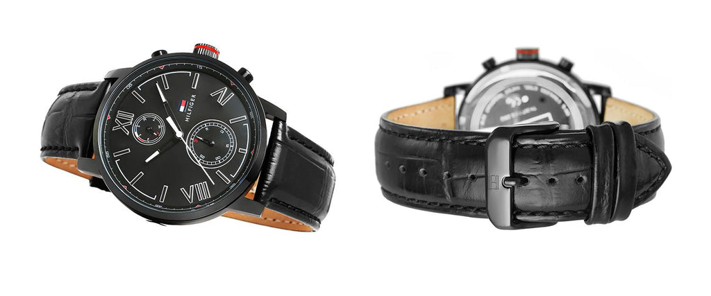 Tommy Hilfiger Aden Chronograph Black Dial Black Leather Strap Watch for Men - 1791310
