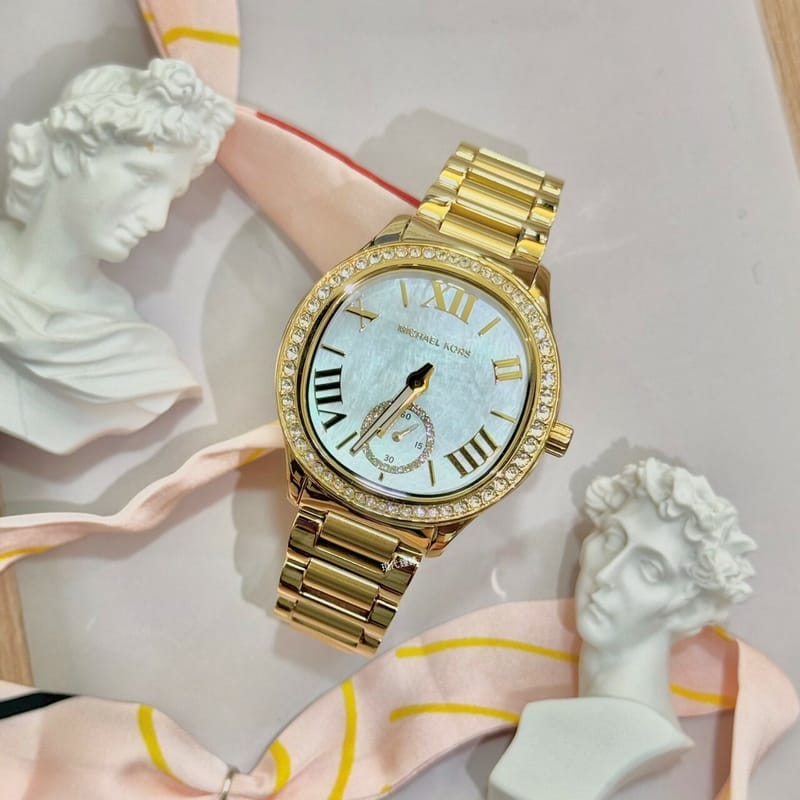 Michael Kors Sage Three-Hand Mother of Pearl White Dial Gold Steel Strap Watch for Women - MK4805