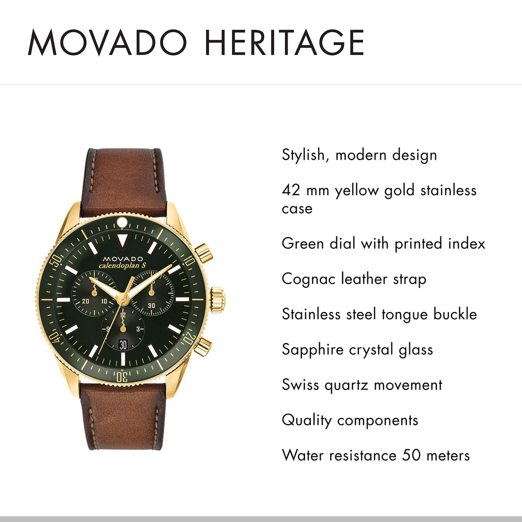 Movado Heritage Chronograph Green Dial Brown Leather Strap Watch For Men - 3650062
