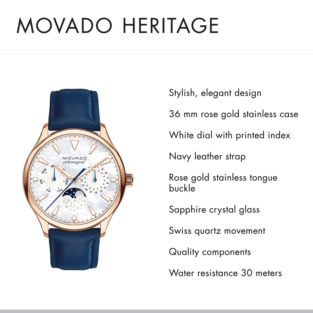 Movado Heritage Celestograf White Mother of Pearl Dial Blue Leather Strap Watch For Women - 3650011