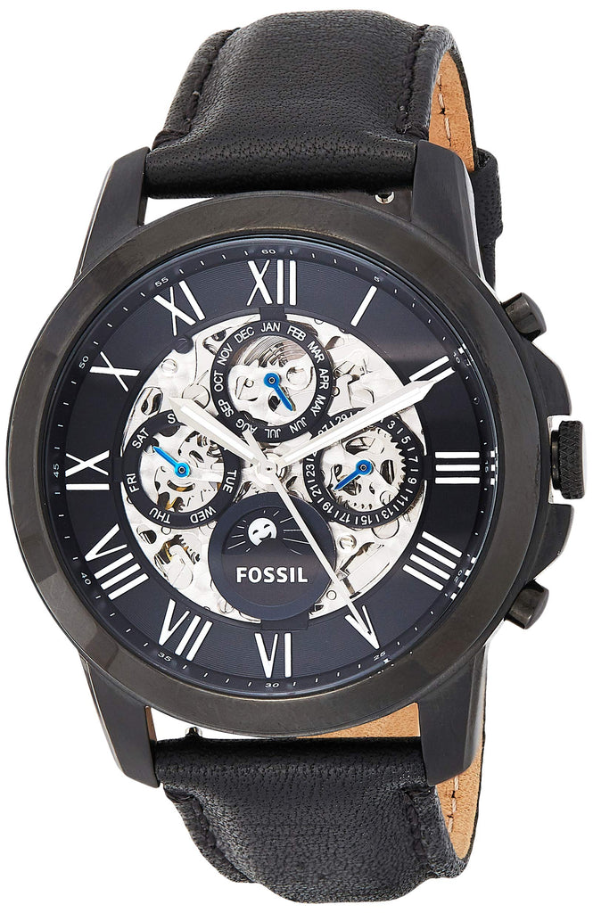 Fossil Grant Automatic Black Dial Black Leather Strap Watch for Men - ME3028