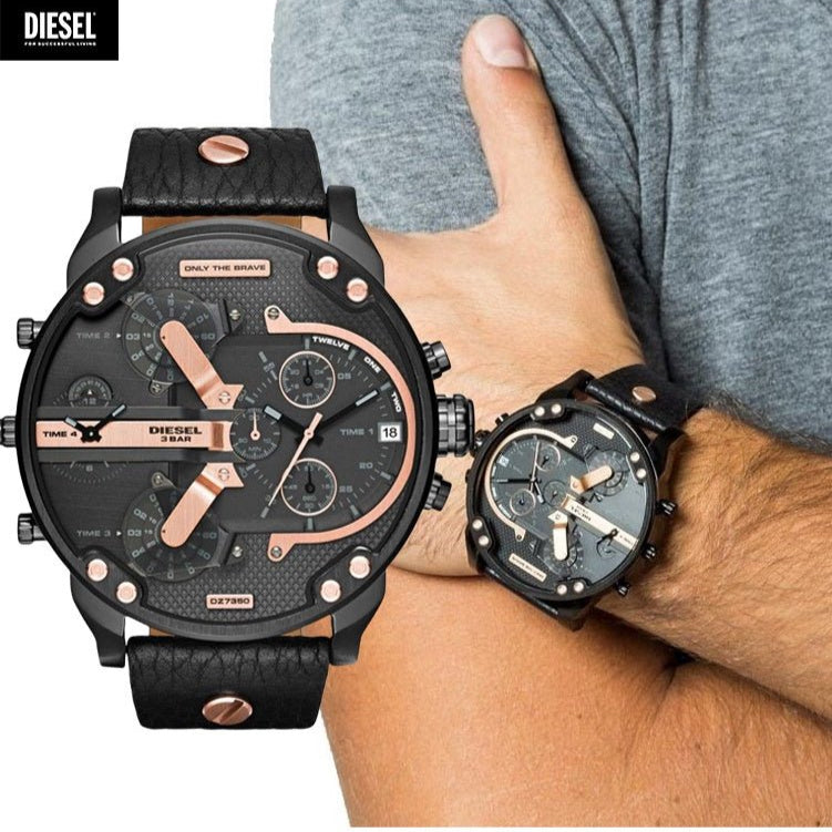 Diesel Mr Daddy 2.0 Chronograph Black Dial Black Leather Strap Watch For Men - DZ7350
