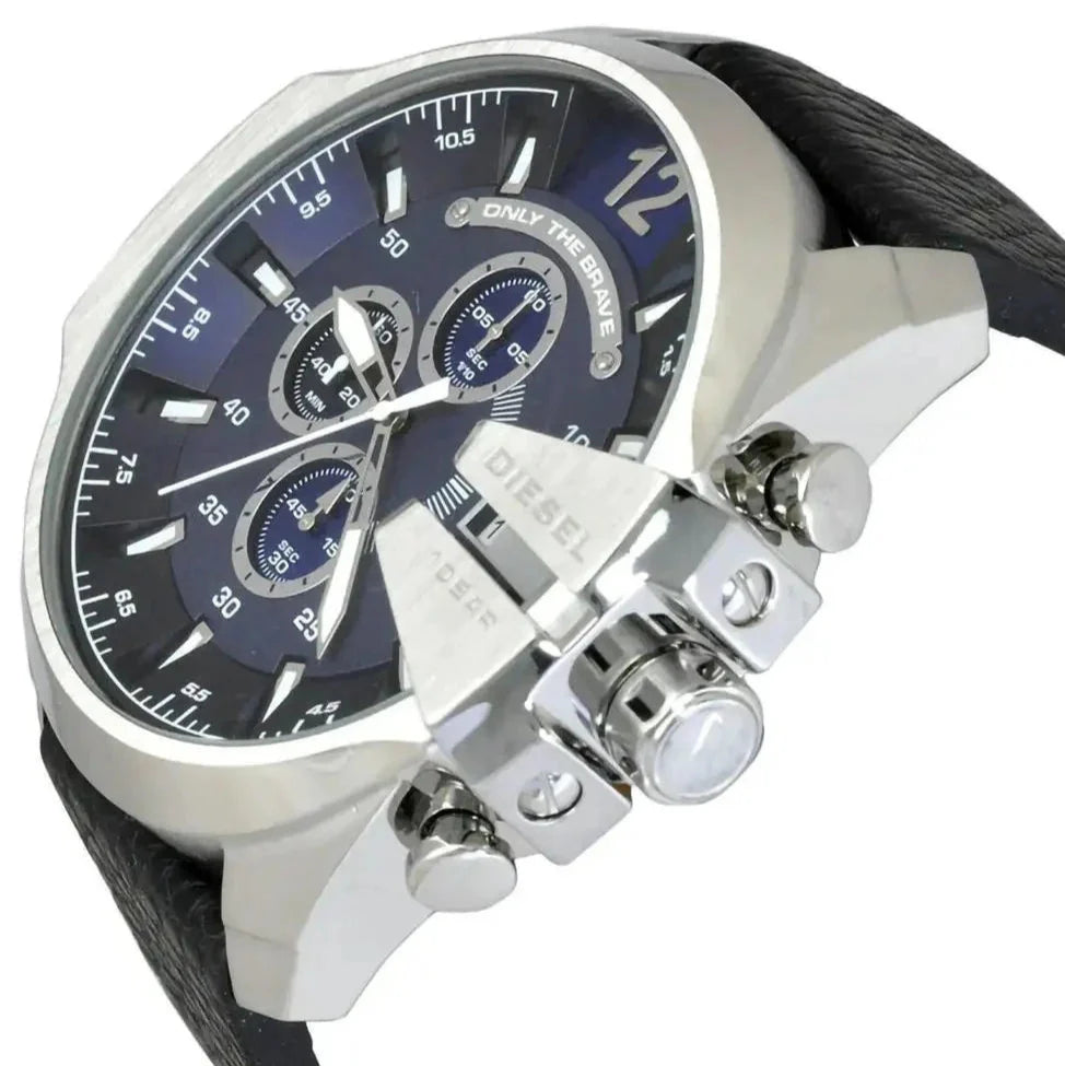 Diesel Mega Chief Chronograph Blue Dial Black Leather Strap Watch For Men - DZ4423