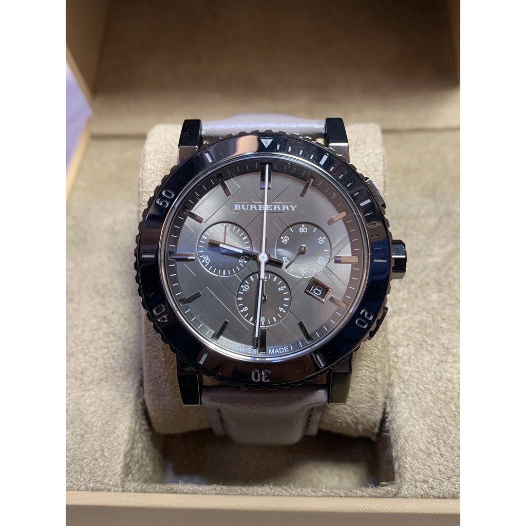 Burberry The City Chronograph Ion Plated Grey Dial Grey Leather Strap Watch for Men - BU9384