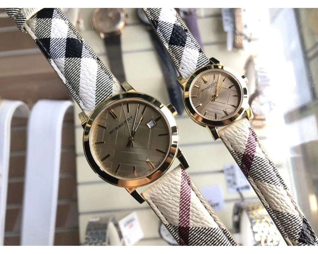 Burberry The City Gold Dial Haymarket Brown Leather Strap Watch for Women - BU9026