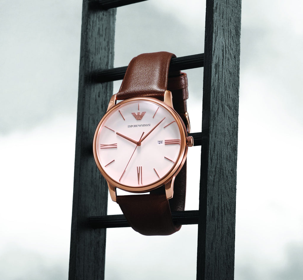 Emporio Armani Minimalist Quartz White Dial Brown Leather Strap Watch For Men - AR11572