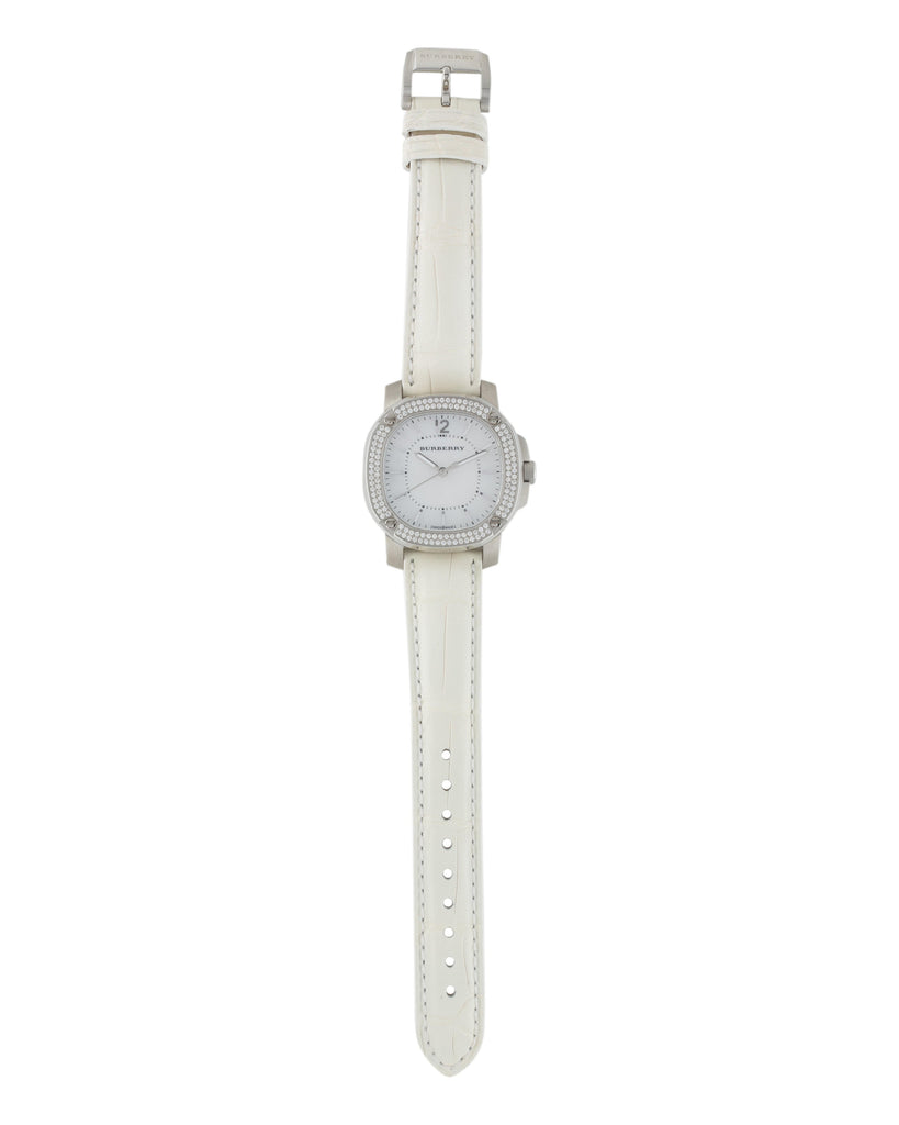 Burberry The Britain Diamonds Mother of Pearl Dial White Leather Strap Watch for Women - BBY1800