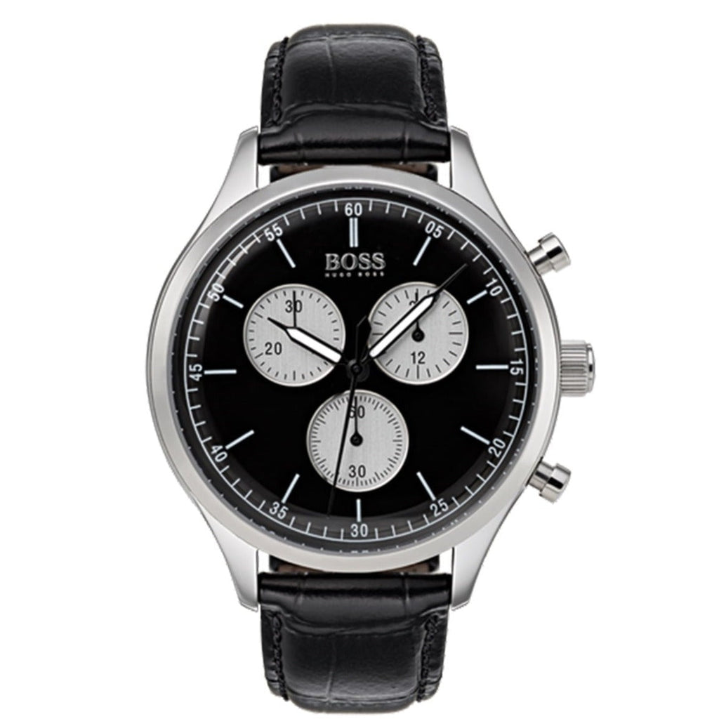 Hugo Boss Companion Black Dial Black Leather Strap Watch for Men - 1513543