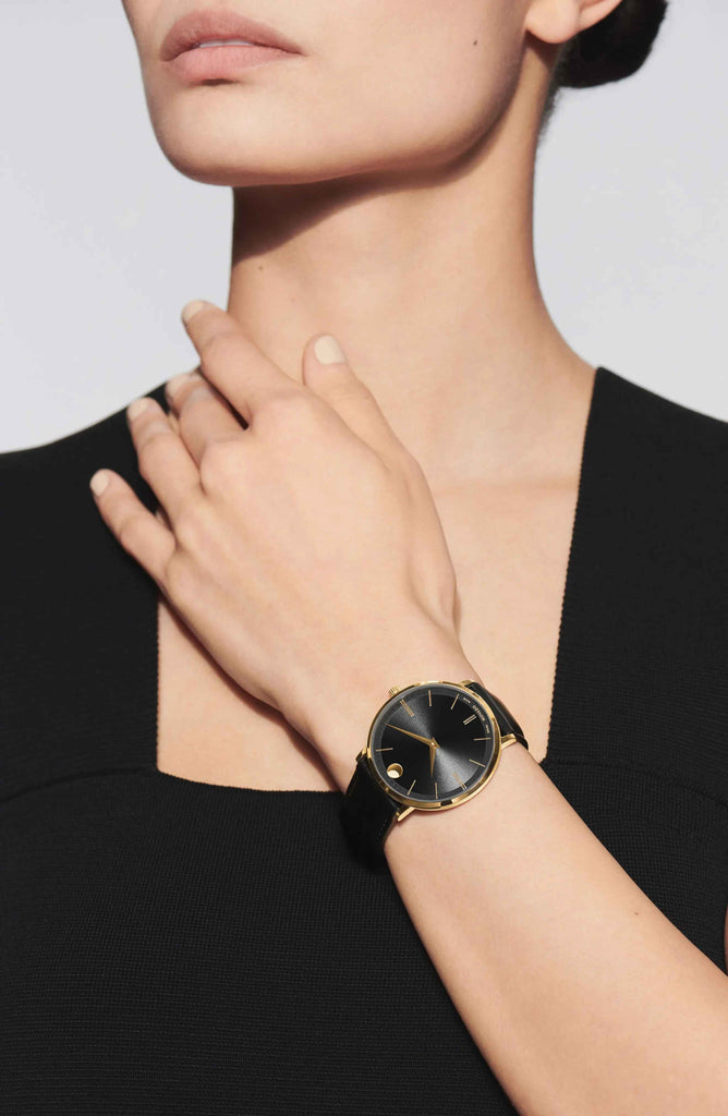 Movado Ultra Slim Black Dial Black Leather Strap Watch For Women -  0607095