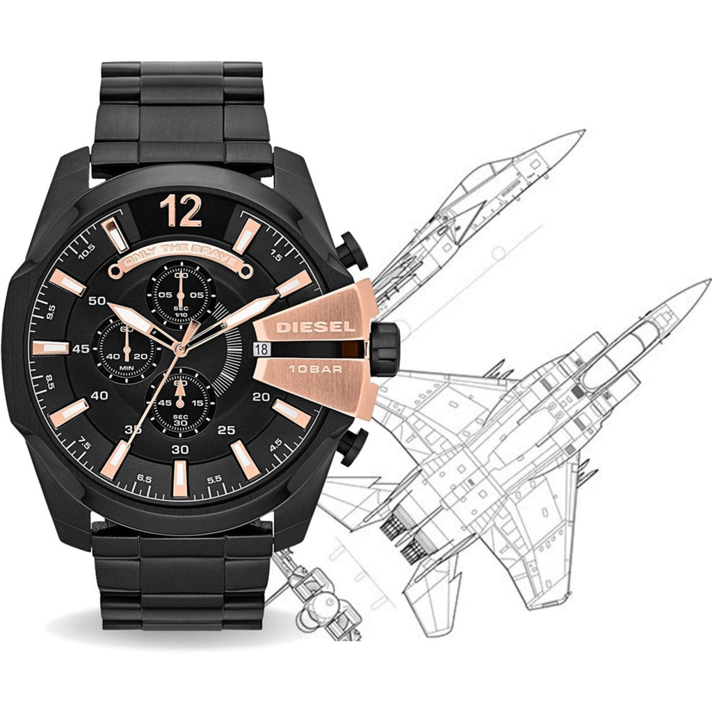 Diesel Mega Chief Chronograph Black Dial Black Steel Strap Watch For Men - DZ4309