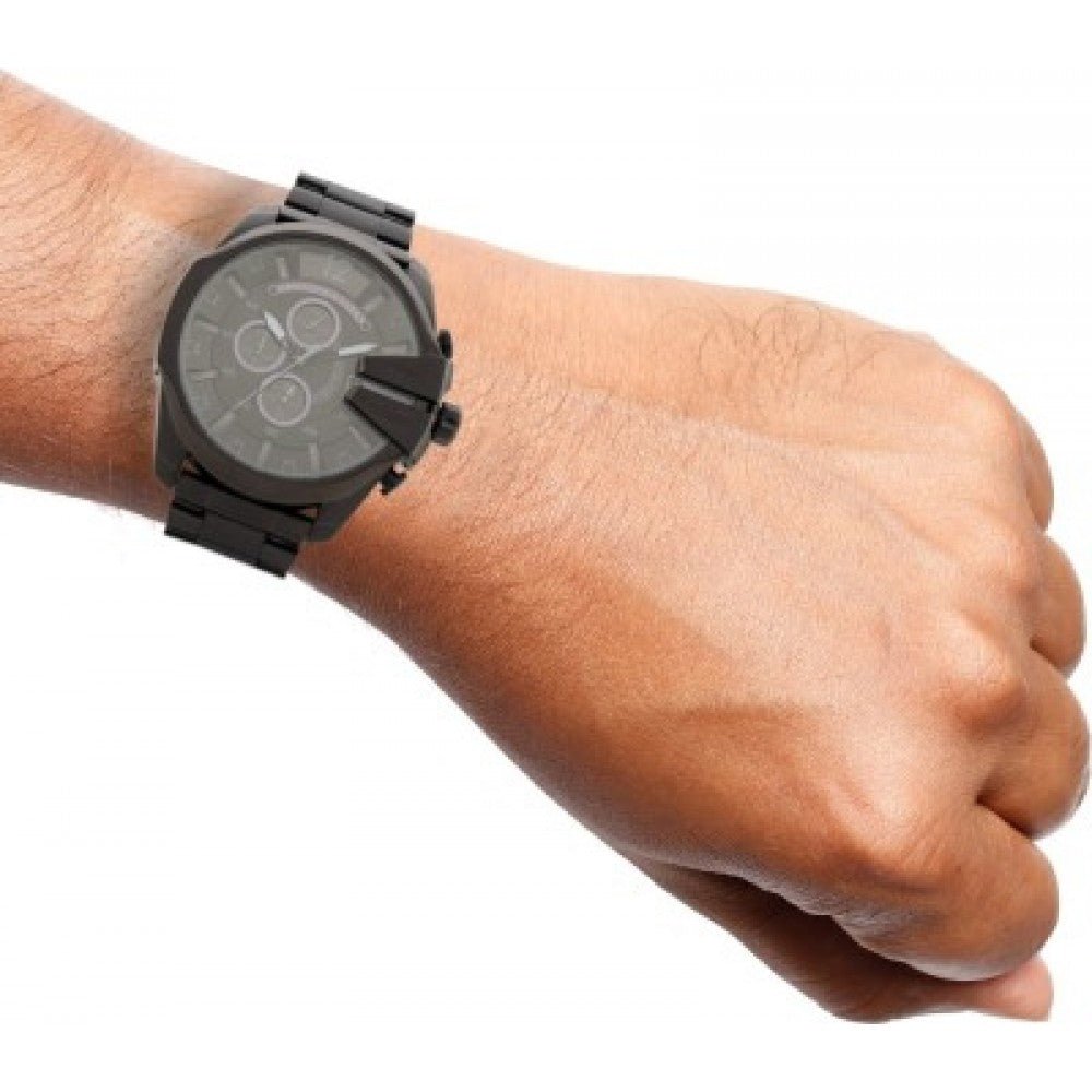 Diesel Mega Chief Chronograph Black Dial Black Steel Strap Watch For Men - DZ4355