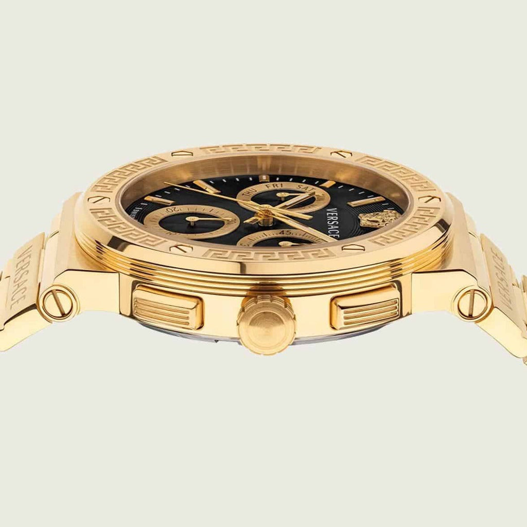 Versace Greca Chronograph Black Dial Gold Steel Strap Watch For Men - VEZ900421