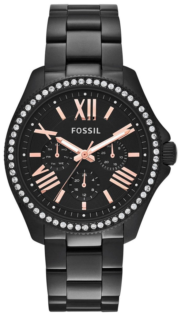 Fossil Cecile Multi Function Crystals Black Dial Black Steel Strap Watch for Women - AM4522