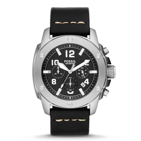 Fossil Modern Machine Chronograph Black Dial Black Leather Strap Watch for Men - FS4928