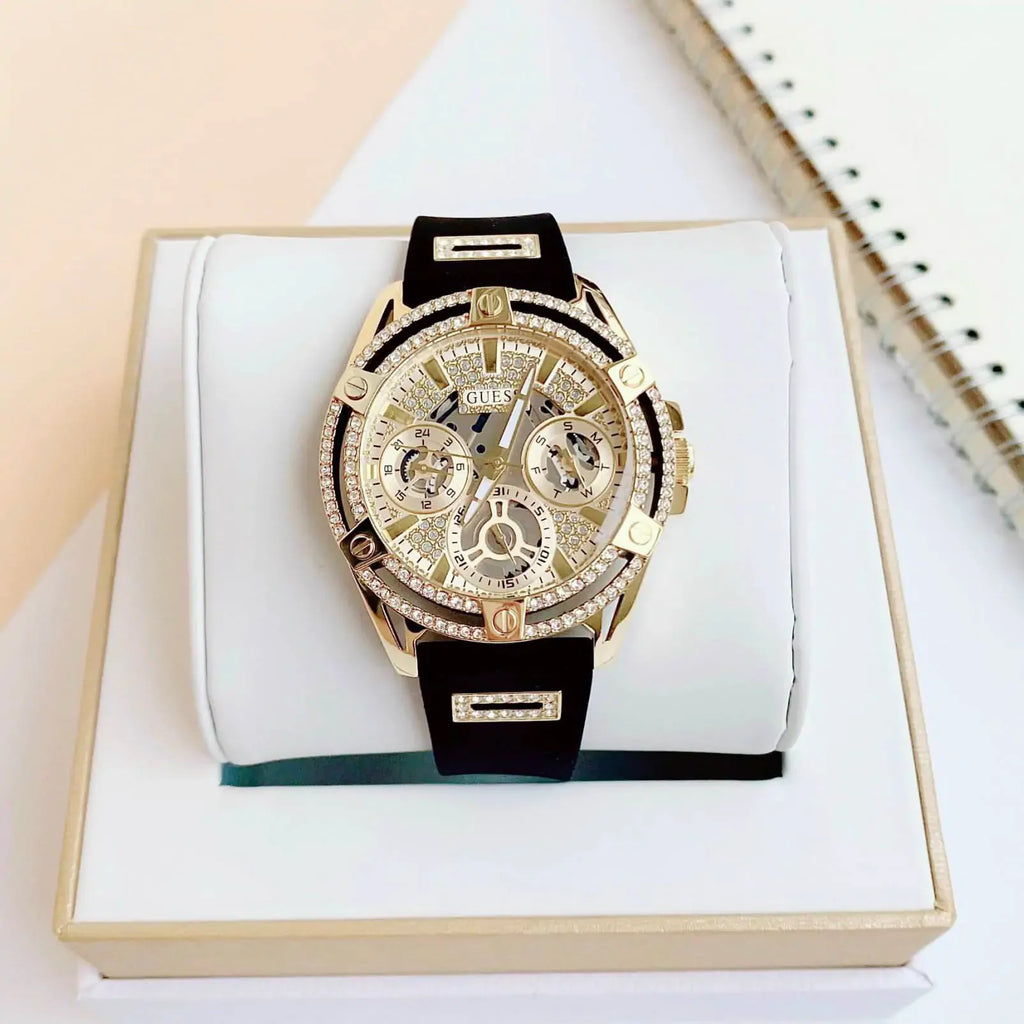 Guess Queen Quartz Gold Dial Black Silicone Strap Watch For Women - GW0536L3