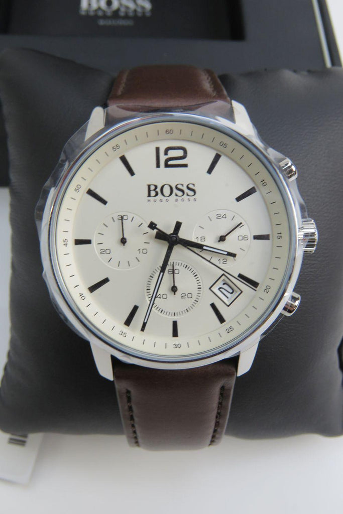 Hugo Boss Slim Chronograph White Dial Brown Leather Strap Watch For Men - 1513263