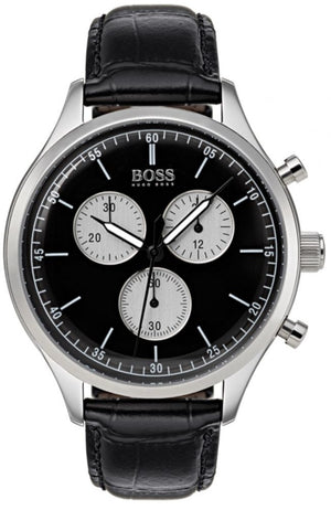 Hugo Boss Companion Black Dial Black Leather Strap Watch for Men - 1513543