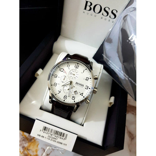Hugo Boss Aeroliner Chronoraph White Dial Brown Leather Strap Watch For Men - 1512447