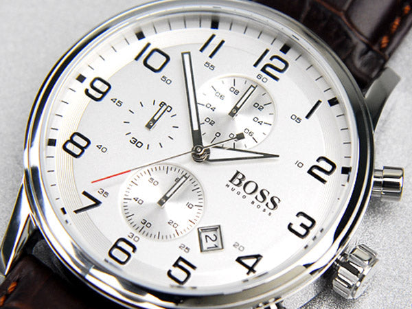 Hugo Boss Aeroliner Chronoraph White Dial Brown Leather Strap Watch For Men - 1512447