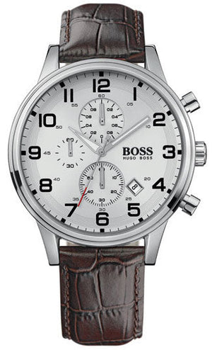 Hugo Boss Aeroliner Chronoraph White Dial Brown Leather Strap Watch For Men - 1512447