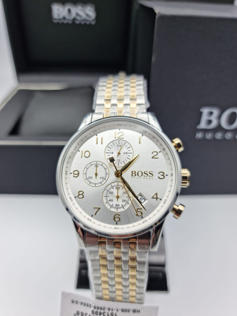 Hugo Boss Navigator White Dial Two Tone Steel Strap Watch for Men - 1513499