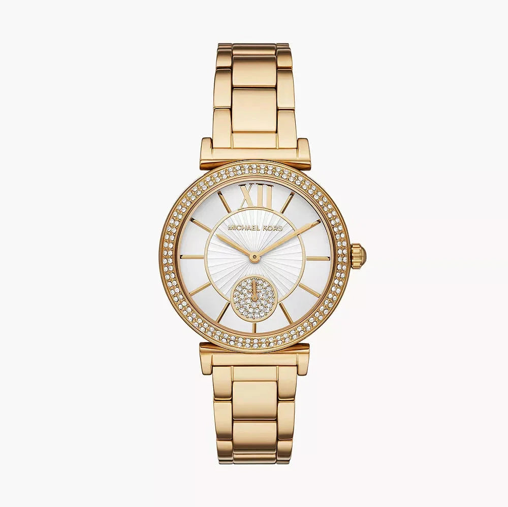 Michael Kors Abbey Three-Hand Analog White Dial Gold Steel Strap Watch for Women - MK4615