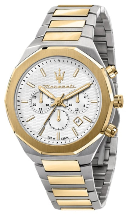 Maserati Stile Chronograph White Dial Two Tone Steel Strap Watch For Men - R8873642009