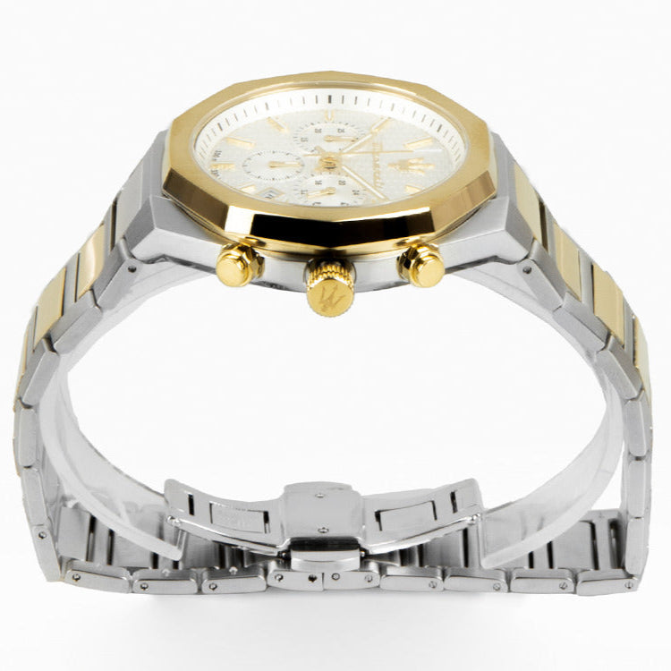 Maserati Stile Chronograph White Dial Two Tone Steel Strap Watch For Men - R8873642009