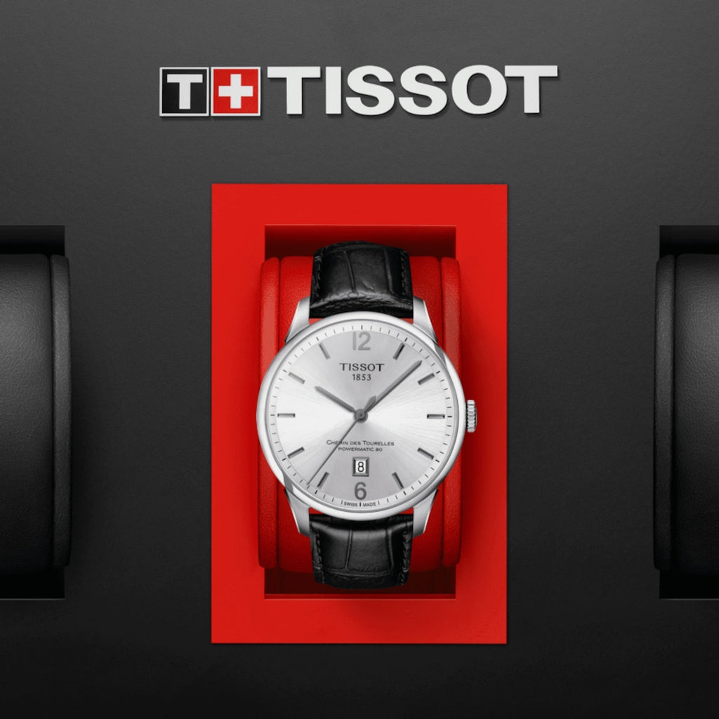 Tissot Chemin Des Tourelles Powermatic 80 Silver Dial Black Leather Strap Watch For Men - T099.407.16.037.00