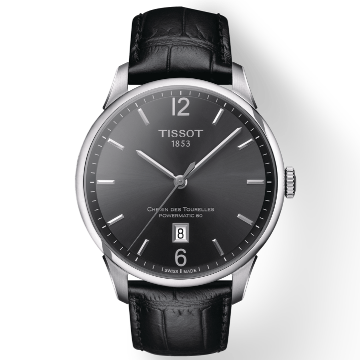 Tissot Chemin Des Tourelles Powermatic 80 Black Dial Black Leather Strap Watch For Men - T099.407.16.447.00