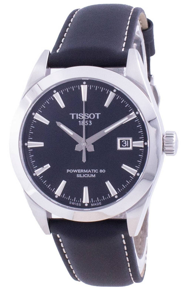Tissot Gentleman Powermatic 80 Silicium Black Dial Black Leather Strap Watch For Men - T127.407.16.051.00