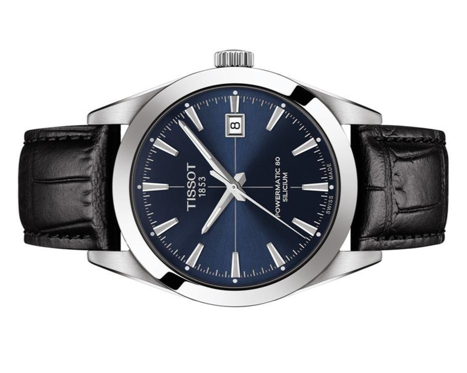 Tissot Gentleman Powermatic 80 Silicium Blue Dial Black Leather Strap Watch For Men - T127.407.16.041.01