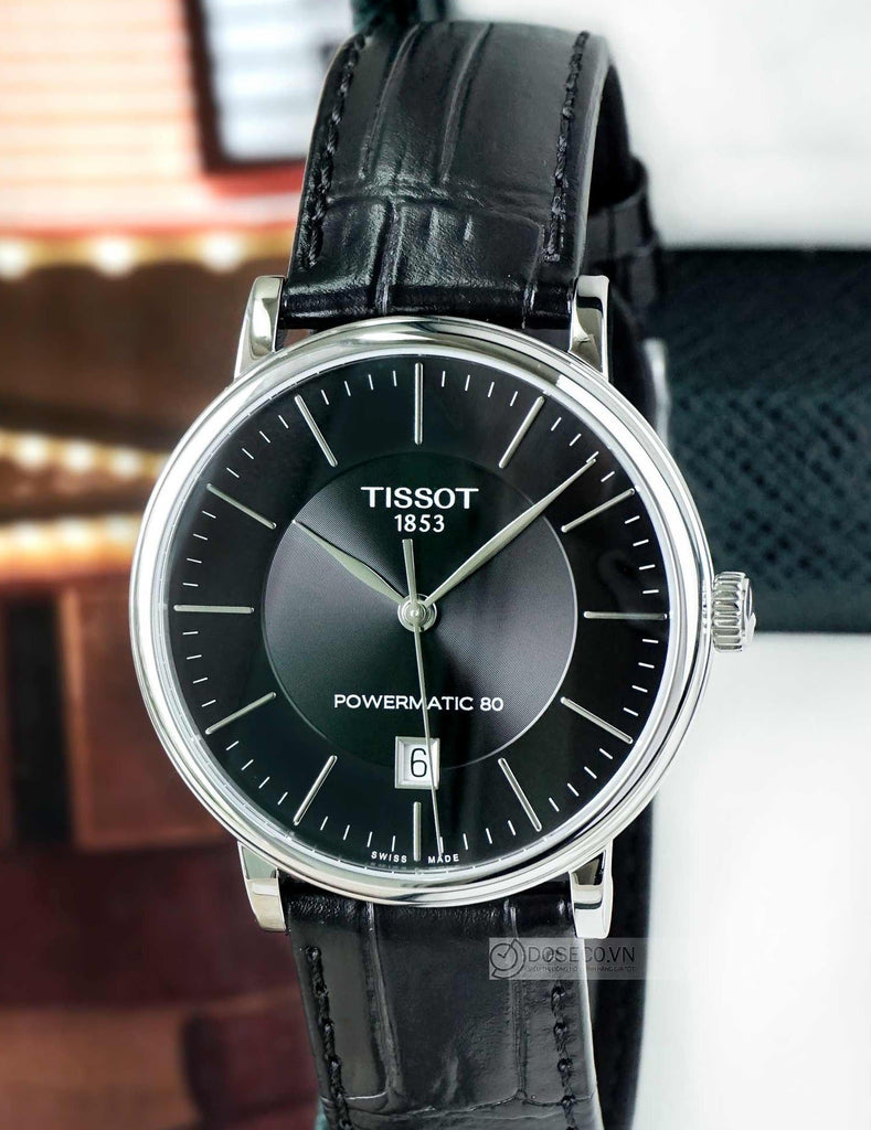 Tissot Carson Premium Powermatic 80 Black Dial Black Leather Strap Watch For Men - T122.407.16.051.00