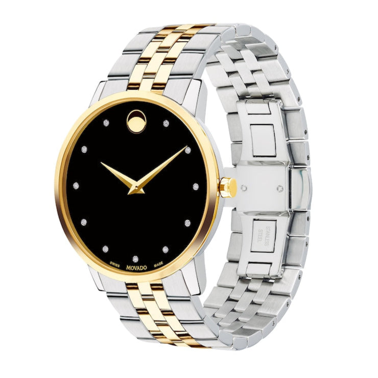 Movado Museum Classic Diamonds Black Dial Two Tone Steel Strap Watch For Men - 0606879