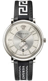 Versace V-Circle Silver Dial Black Leather Strap Watch for Men - VEBQ01219