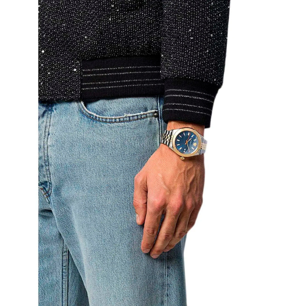 Versace Hellenyium Quartz Blue Dial Two Tone Steel Strap Watch For Men - VEVK00520