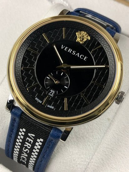 Versace  V-Circle Black Dial Blue Leather Strap Watch for Men - VEBQ01419