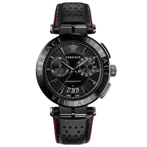 Versace V-Racer Aion Chronograph Black Dial Black Leather Strap Watch for Men - VBR030017