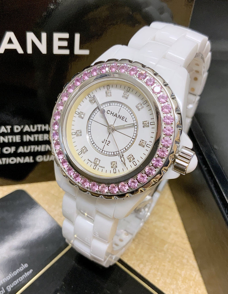 Chanel J12 Sapphire Bezel Ceramic White Dial White Steel Strap Watch for Women - J12 H2010