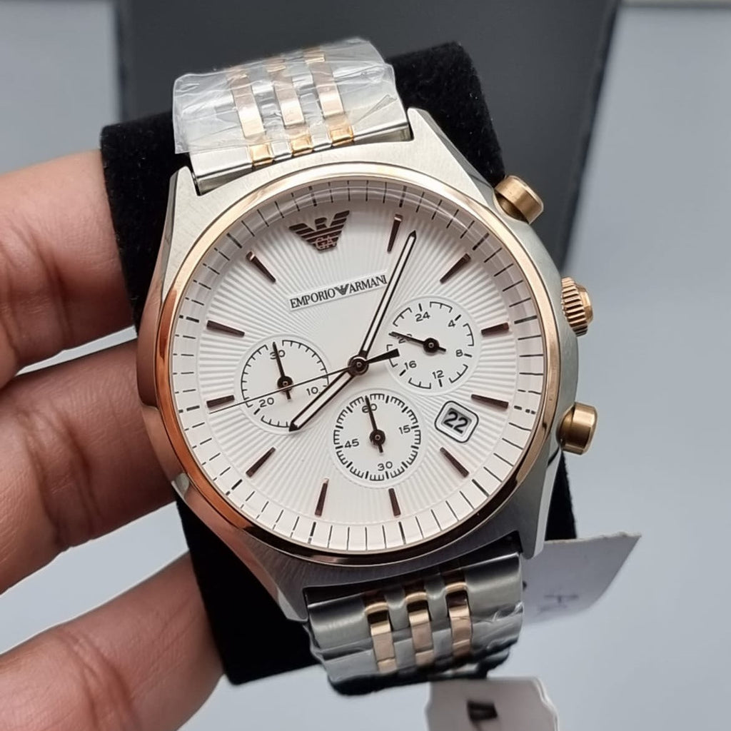 Emporio Armani Zeta Chronograph Quartz White Dial Two Tone Steel Strap Watch For Men - AR1998