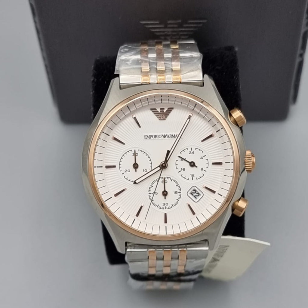 Emporio Armani Zeta Chronograph Quartz White Dial Two Tone Steel Strap Watch For Men - AR1998