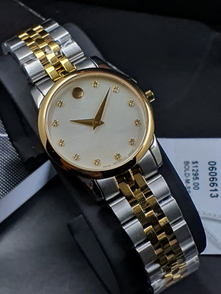 Movado Museum Classic Diamonds Mother of Pearl Dial Two Tone Steel Strap Watch For Women - 0606613