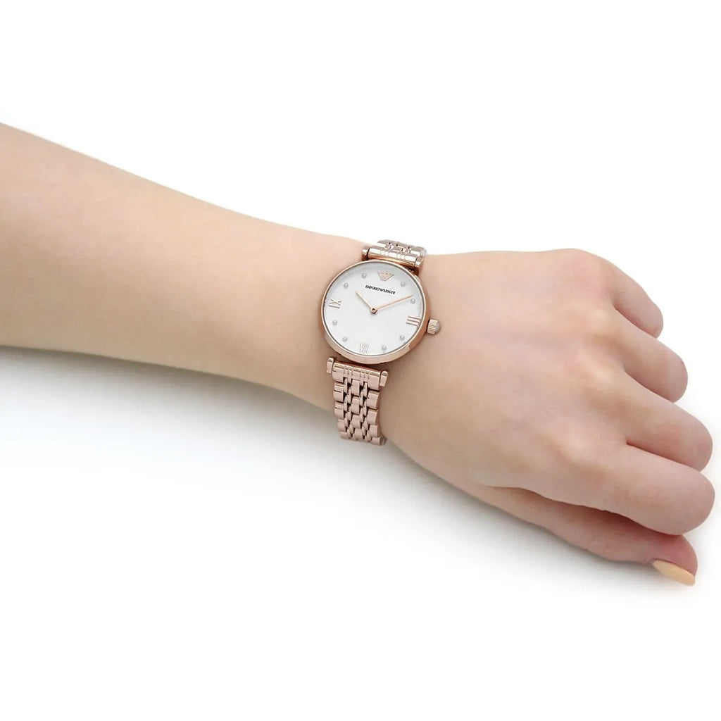 Emporio Armani Gianni T-Bar Quartz White Dial Rose Gold Steel Strap Watch For Women - AR11267
