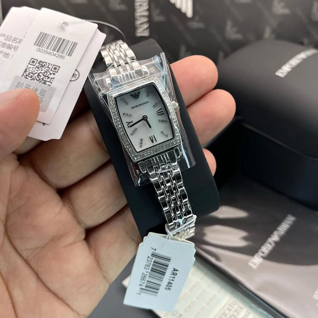 Emporio Armani Gianni T-Bar Quartz White Dial Silver Steel Strap Watch For Women - AR11405