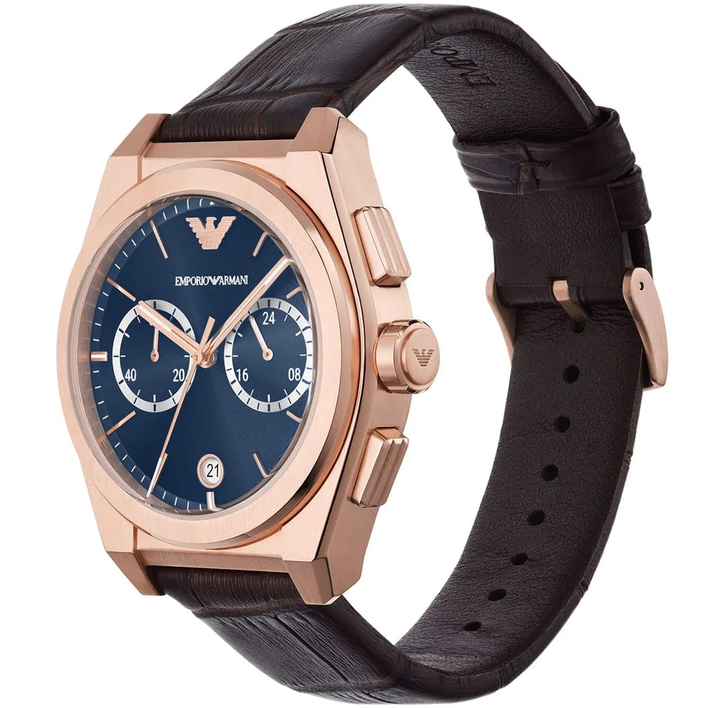 Emporio Armani Federico Chronograph Blue Dial Brown Leather Strap Watch For Men - AR11563