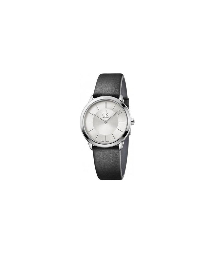 Calvin Klein Minimal Silver Dial Black Leather Strap Watch for Women - K3M221C6