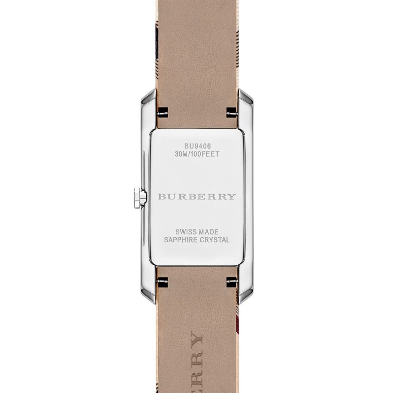 Burberry The Pioneer Silver Dial Haymarket Beige Leather Strap Watch for Women - BU9406