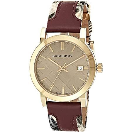 Burberry Heritage Nova Gold Dial Haymarket Red Leather Strap Watch for Women - BU9111